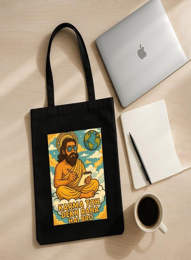Megrok Karma Dekh Raha Tote Bag for Women | Front A4 Size Printed Pocket | 16x14 Inch Street Philosophy Cotton Bag | Desi Youth Statement - Image 5