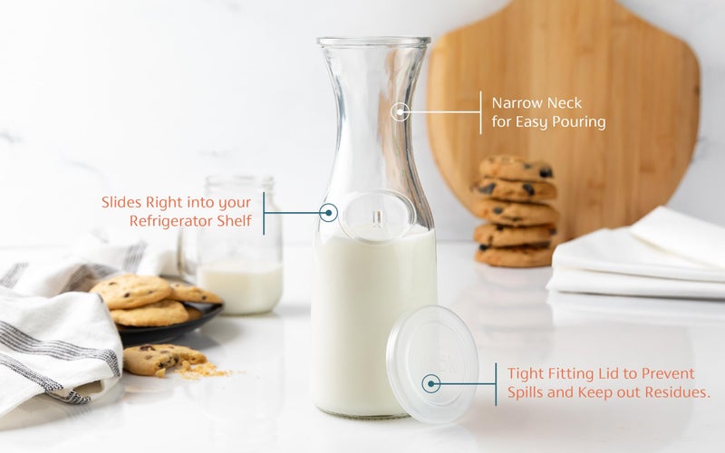 Kook Glass Carafe, Mimosa Bar Supplies, Carafe Pitchers with Lid, Glass Water Pitcher, Drink Dispensers for Parties, Tea, Wine, and Juice, Plastic Lids, Dishwasher Safe, 35 oz (set of 4) - Image 3