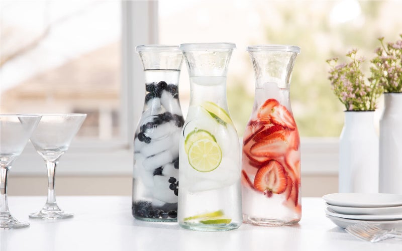 Kook Glass Carafe, Mimosa Bar Supplies, Carafe Pitchers with Lid, Glass Water Pitcher, Drink Dispensers for Parties, Tea, Wine, and Juice, Plastic Lids, Dishwasher Safe, 35 oz (set of 4) - Image 4
