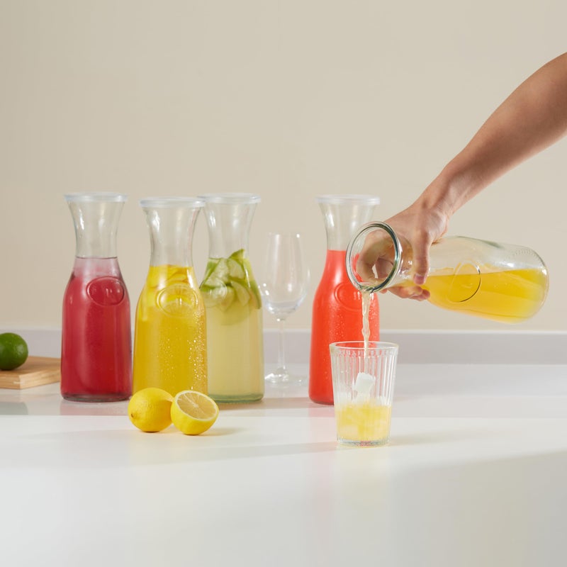 Kook Glass Carafe, Mimosa Bar Supplies, Carafe Pitchers with Lid, Glass Water Pitcher, Drink Dispensers for Parties, Tea, Wine, and Juice, Plastic Lids, Dishwasher Safe, 35 oz (set of 4) - Image 2