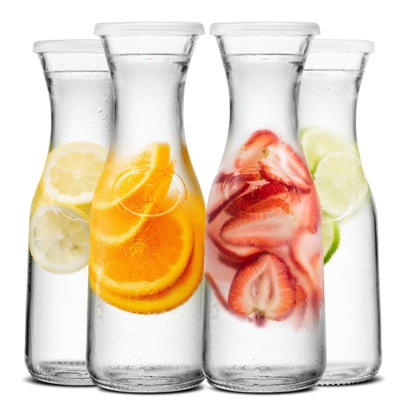 Kook Glass Carafe, Mimosa Bar Supplies, Carafe Pitchers with Lid, Glass Water Pitcher, Drink Dispensers for Parties, Tea, Wine, and Juice, Plastic Lids, Dishwasher Safe, 35 oz (set of 4) - Image 1