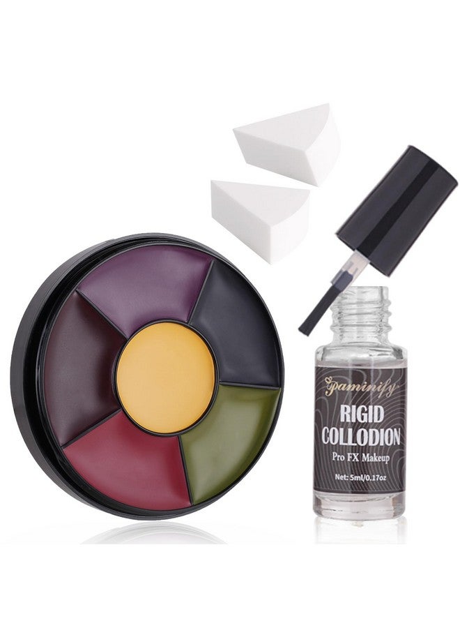 paminify 6 Color Bruise Wheel Body Paint ,Rigid Collodion With Brush, Halloween Bruise Special Effects Makeup Kit With 2 White Sponges Sfx Fake Scar Bruise Makeup Kit - Image 1