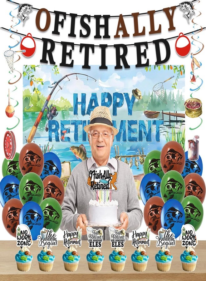 Roetyce Retirement Party Decorations Men Women, Ofishally Retired Banner Balloons Cake Topper Hanging Swirls Kit, Gone Fishing Themed Happy Retirement Party Supplies for Coworker Photo Backdrop - Image 5