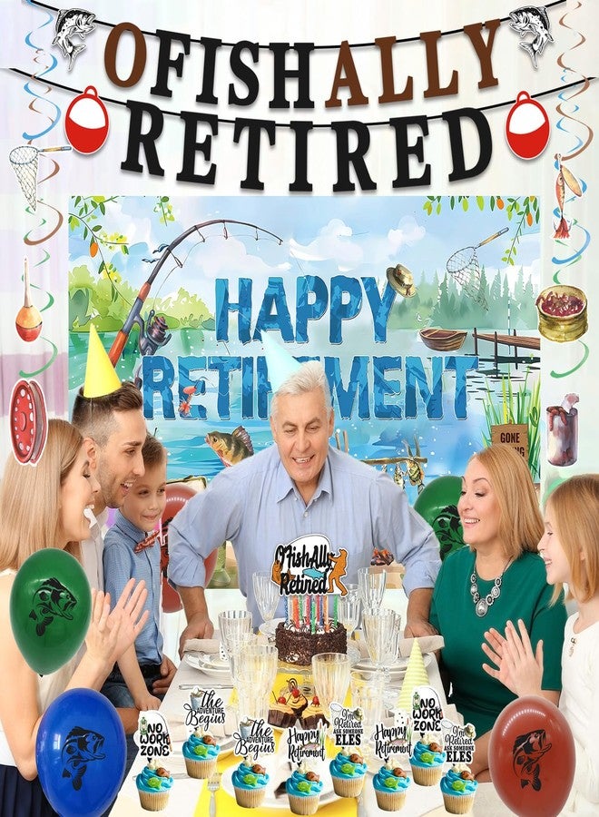 Roetyce Retirement Party Decorations Men Women, Ofishally Retired Banner Balloons Cake Topper Hanging Swirls Kit, Gone Fishing Themed Happy Retirement Party Supplies for Coworker Photo Backdrop - Image 3