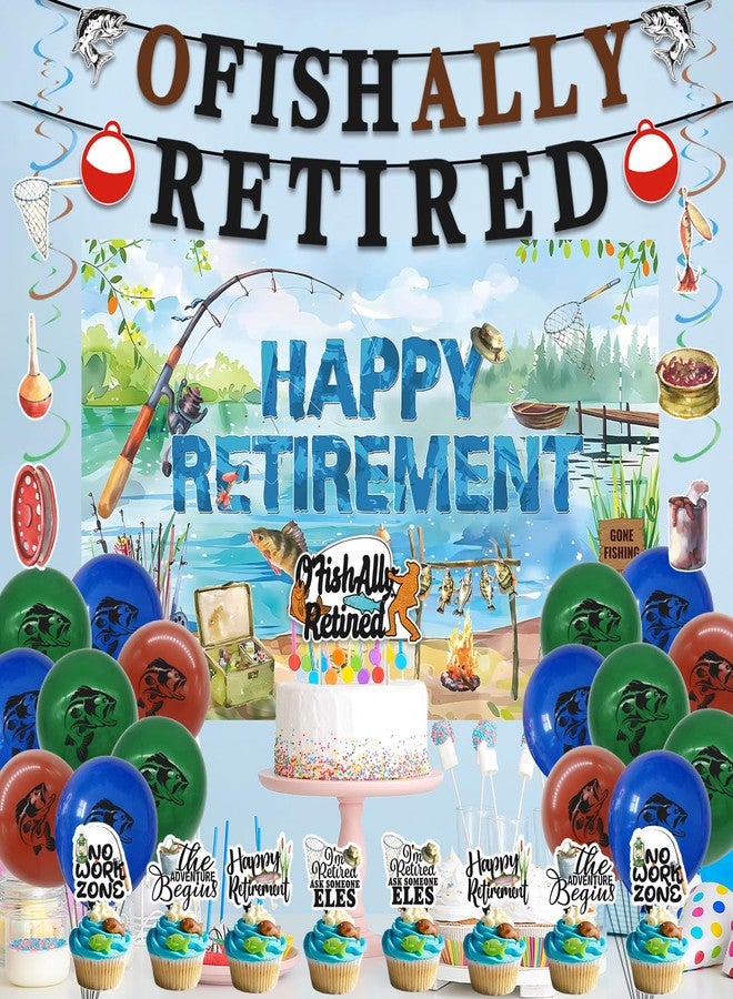 Roetyce Retirement Party Decorations Men Women, Ofishally Retired Banner Balloons Cake Topper Hanging Swirls Kit, Gone Fishing Themed Happy Retirement Party Supplies for Coworker Photo Backdrop - Image 4