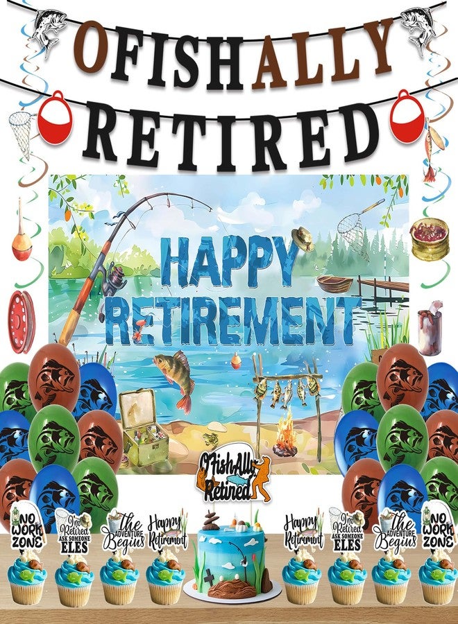 Roetyce Retirement Party Decorations Men Women, Ofishally Retired Banner Balloons Cake Topper Hanging Swirls Kit, Gone Fishing Themed Happy Retirement Party Supplies for Coworker Photo Backdrop - Image 1