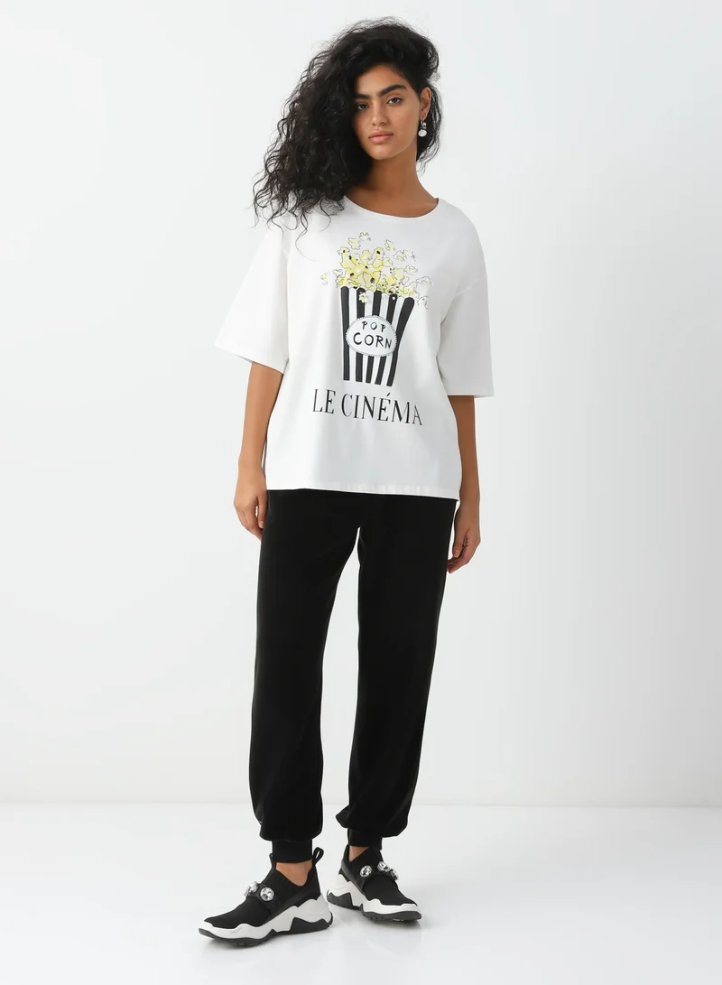 Sei Tu Women's Cotton Loose-fit t-shirt with a popcorn print White