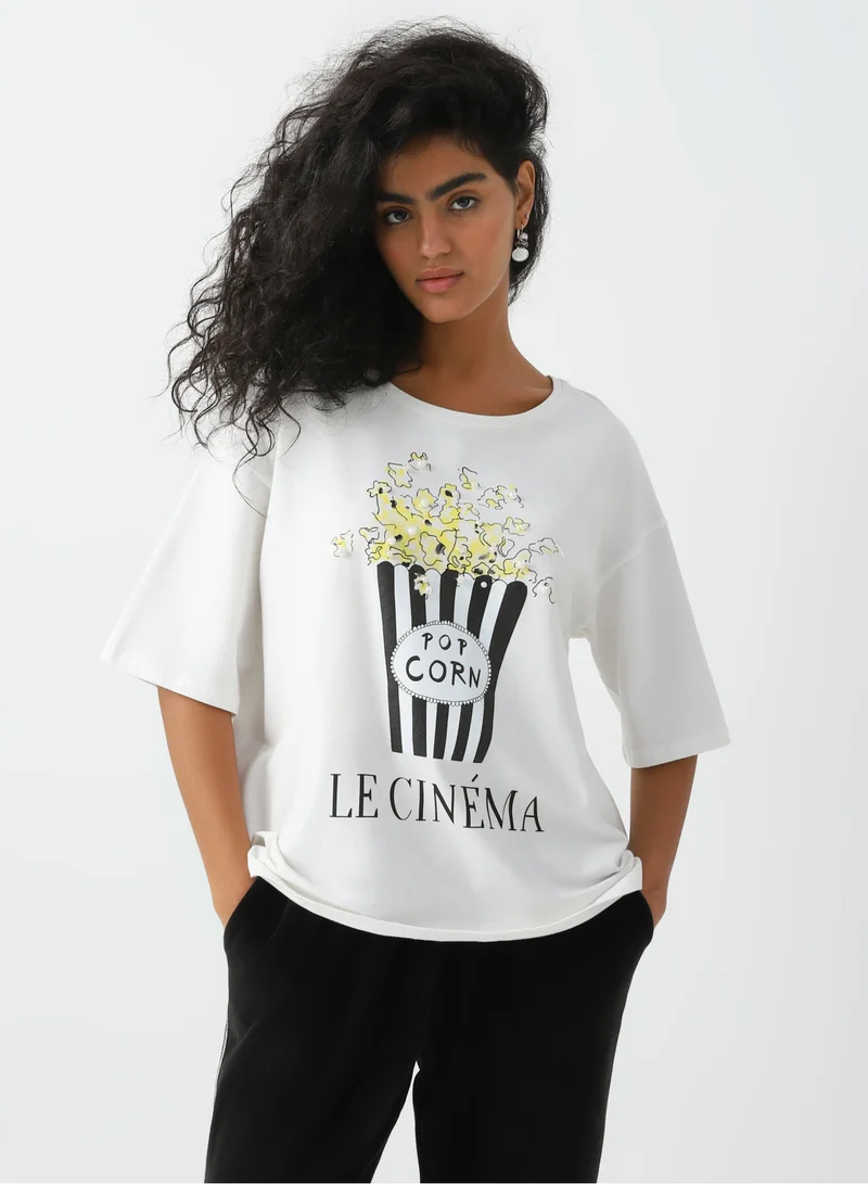 Sei Tu Women's Cotton Loose-fit t-shirt with a popcorn print White