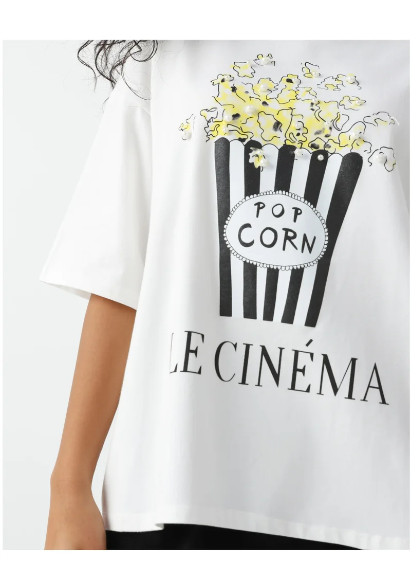 Sei Tu Women's Cotton Loose-fit t-shirt with a popcorn print White