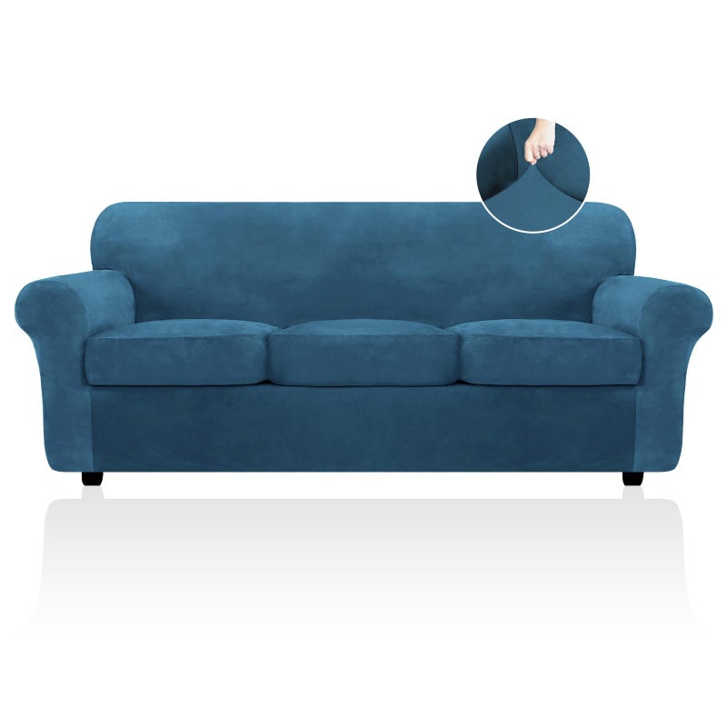 FestiCorp FestiCorp Velvet Sofa Cover Sofa Slipcovers for Sofas with 3 Cushions Stretch 4 Piece Couch Cover Thick Furniture Covers for Dogs Pets Sofa Deep Teal 