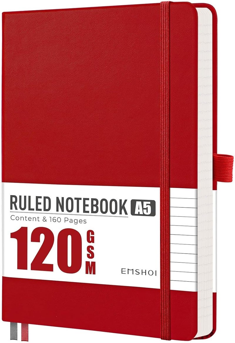 دفتر ملاحظات A5 مسطر - 120 GSM ورق غلاف صلب للعمل، 160 صفحة مسطرة جامعية، دفتر كتابة جلدي للنساء والرجال والعمل والمدرسة، 14.5 × 21 سم - أحمر - Image 1