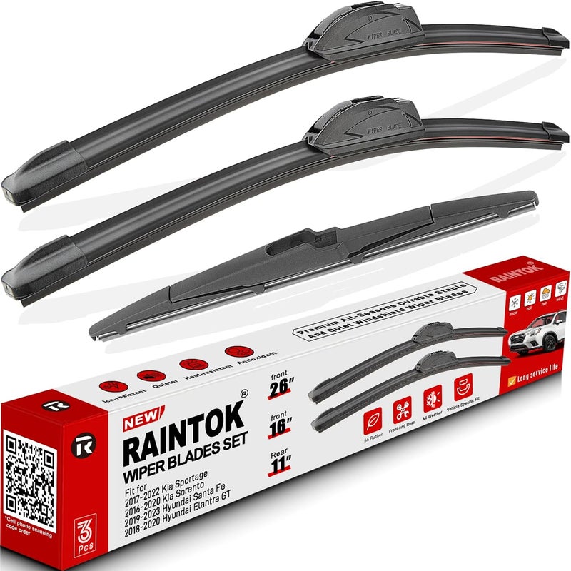 Raintok Windshield Wiper Blades Replacement for 2017-2022 Kia Sportage / 2019-2021 Hyundai Santa Fe / 2016-2020 Kia Sorento Original Factory Quality Front Rear Wipers Blade Set - 26'' 16'' 11'' - Image 1