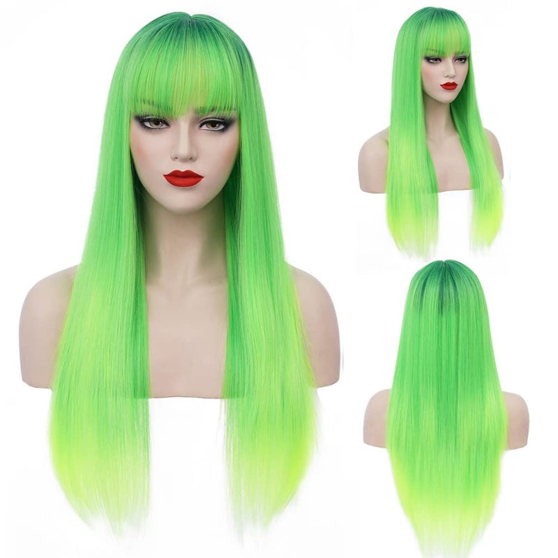 RightOn Lime Green Wig Long Straight Wig with Bangs Neon Green Wigs for Halloween Costume Party Wig with Wig Cap