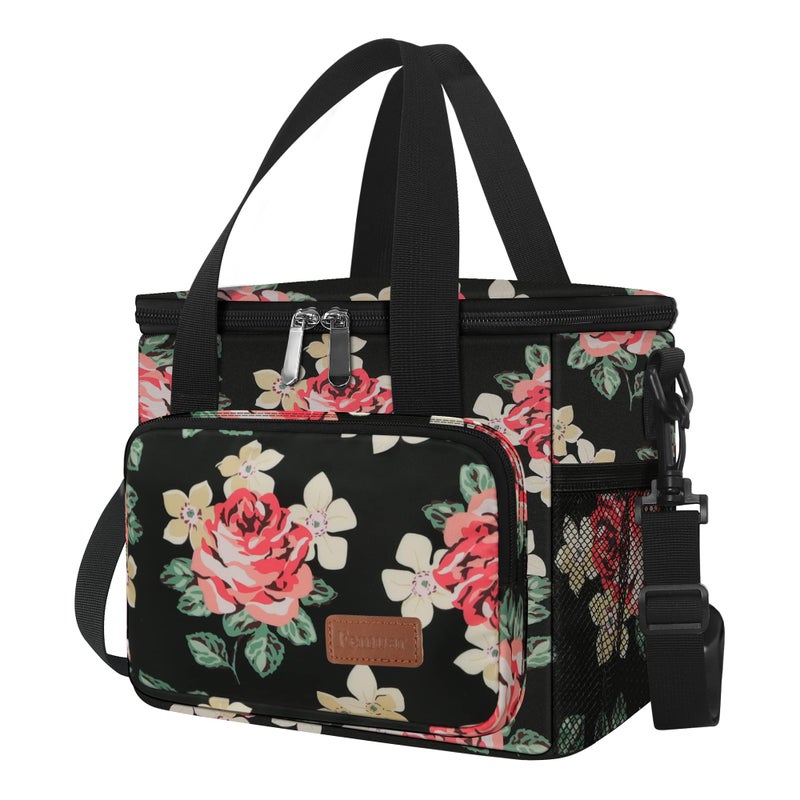 Femuar Lunch Bags for WomenMen Insulated Lunch Bag for Work Office Picnic Lunch Cooler Bag Leakproof Lunch Box with Adjustable Shoulder Strap Black Floral - Image 2