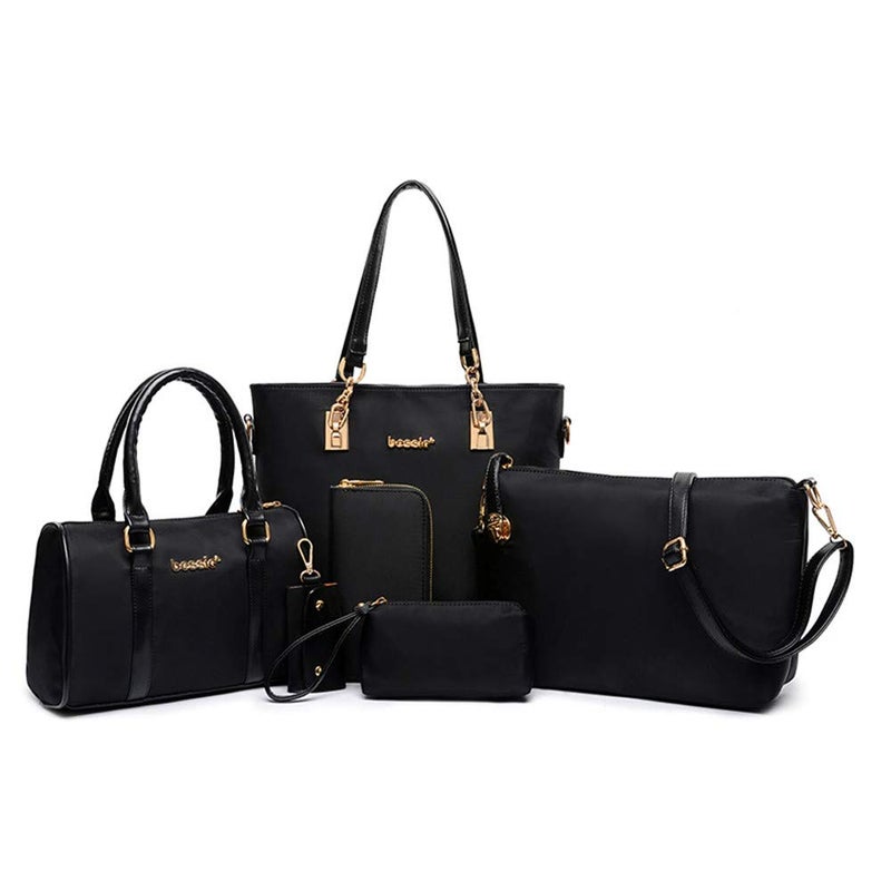 AlwaySky Women Shoulder Bag 6 PCS TopHandle Handbag Tote Purse Wallet Key Case Set Black
