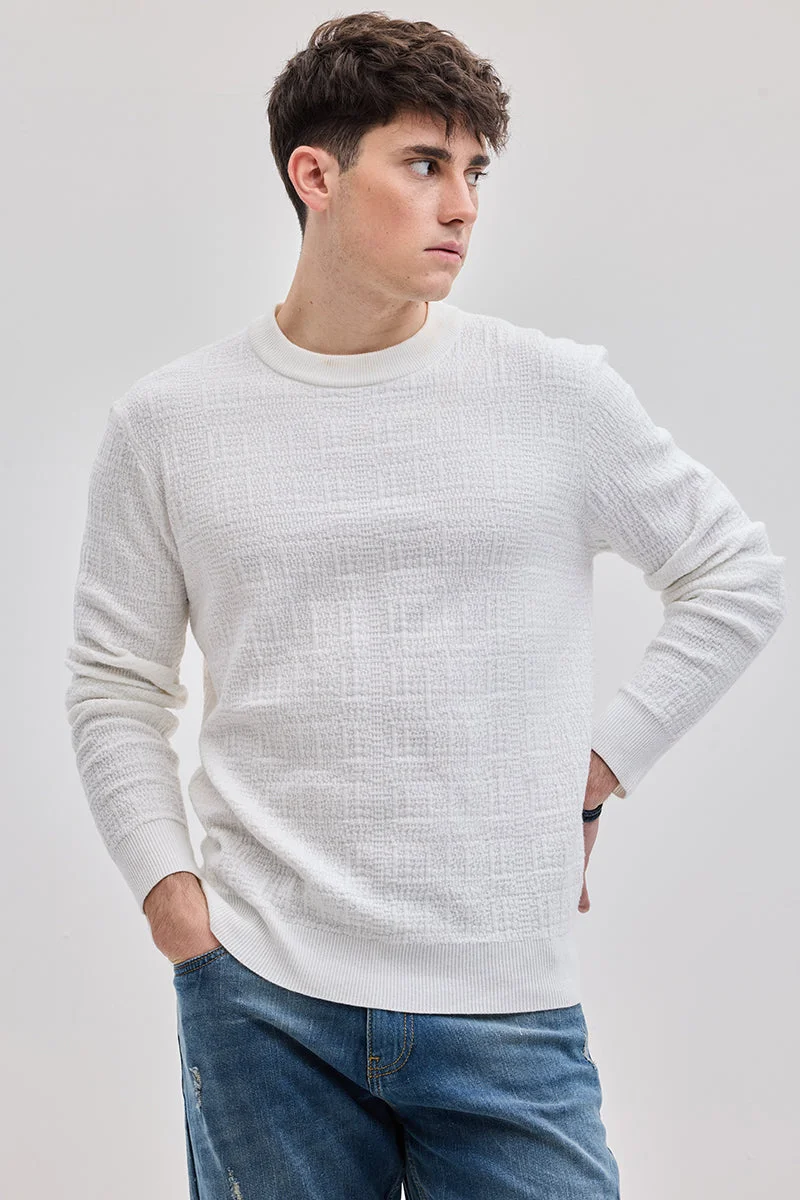 سنيتش White Textured Long Sleeve Regular Fit Casual Sweater