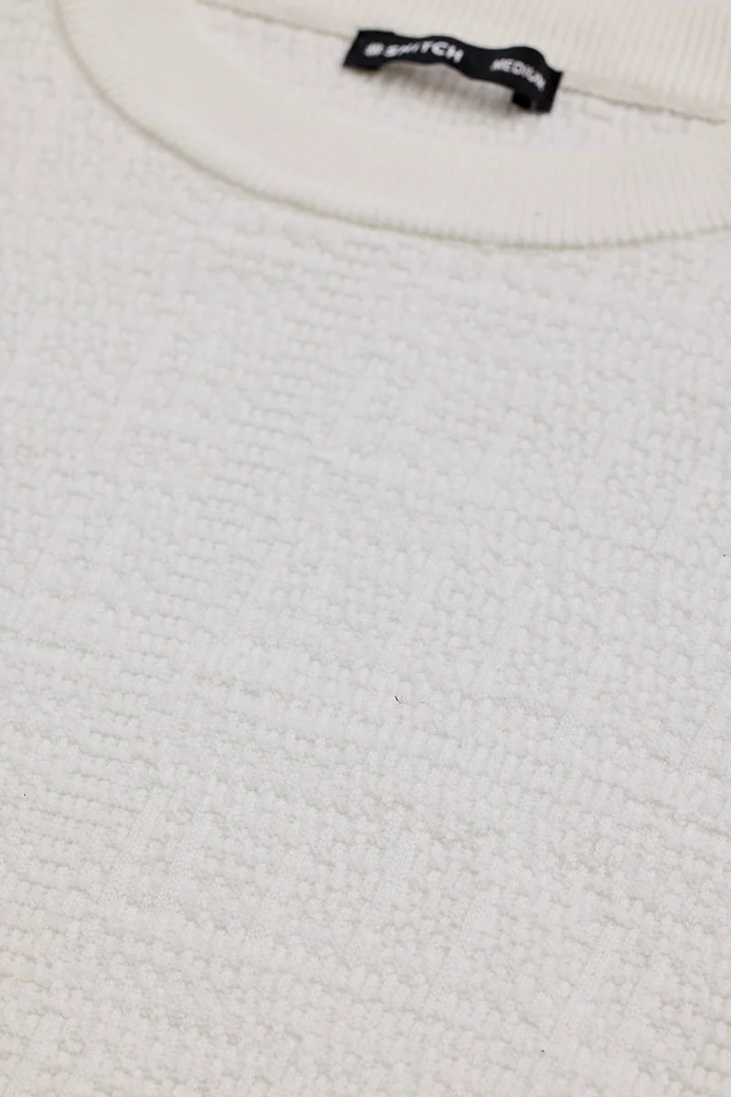سنيتش White Textured Long Sleeve Regular Fit Casual Sweater