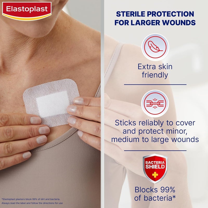 إيلاستوبلاست ضمادات الحساسة XL Med+ (5 لصقات)، حزمة من اللصقات الإسعافية، لصقات يومية كبيرة للجروح بعد العمليات الجراحية، ضمادات معقمة صديقة للبشرة للجروح، 0% لاتكس، بيضاء - Image 3