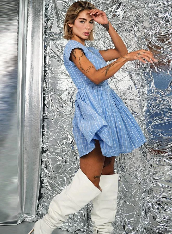 فيرجيو 100% Cotton Blue Flowy Dress With Cap Sleeves