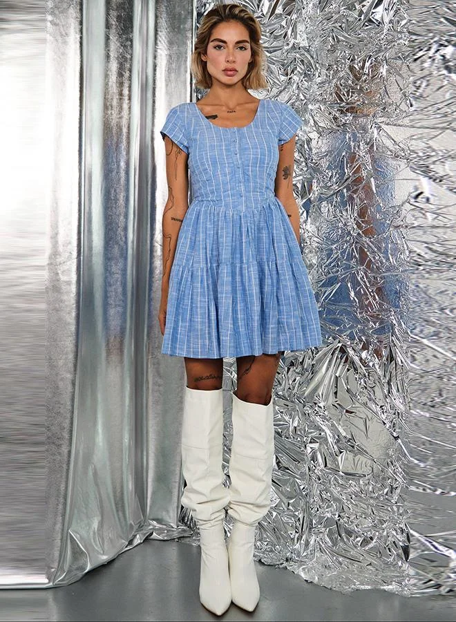 Virgio 100% Cotton Blue Flowy Dress With Cap Sleeves