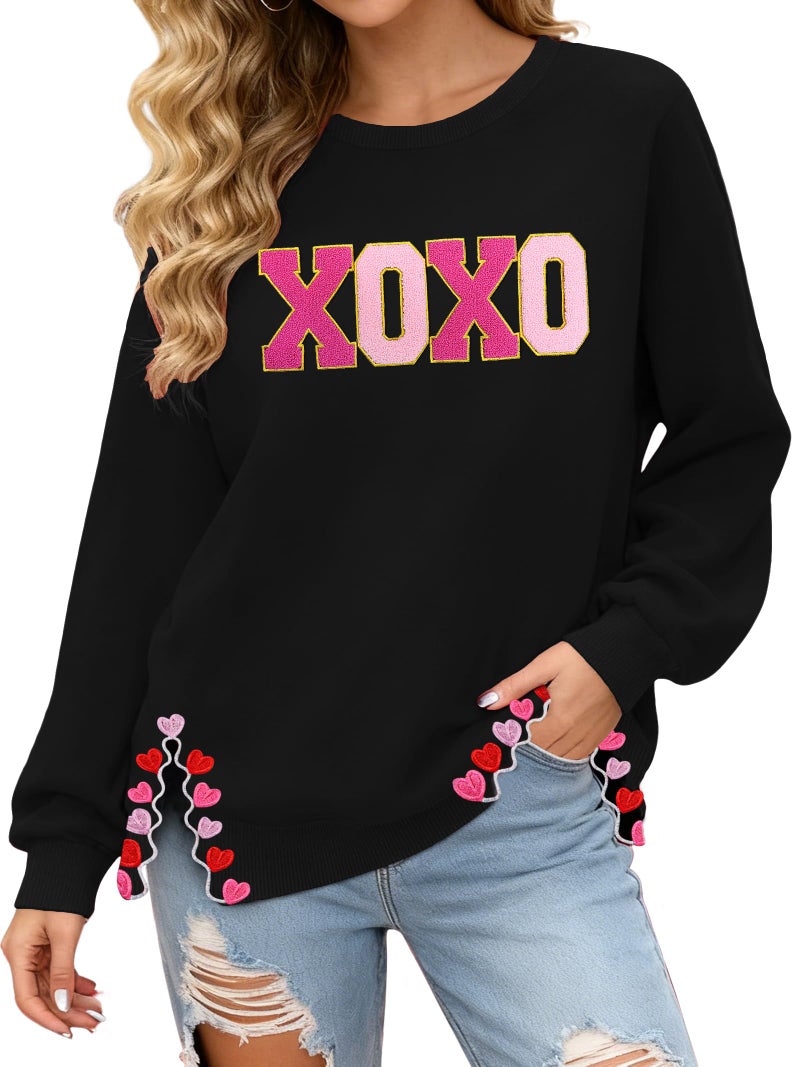 PECHAR Valentine Sweatshirts Women Love Valentines Shirts Embroidered Crewneck Long Sleeve Tops With Side Heart Applique - Image 1