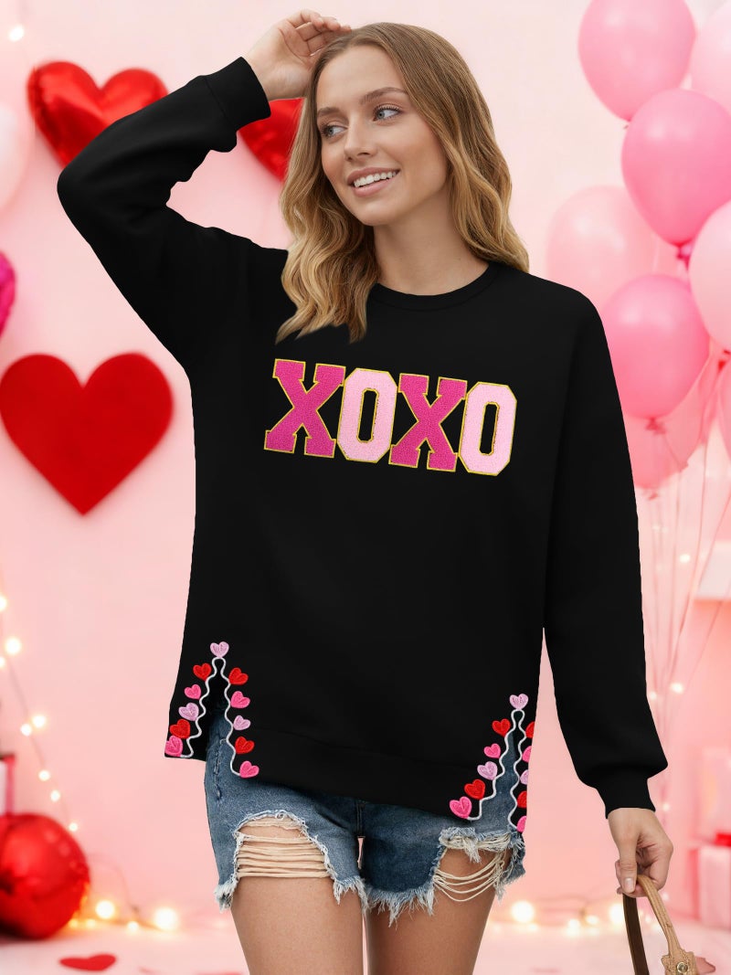 PECHAR Valentine Sweatshirts Women Love Valentines Shirts Embroidered Crewneck Long Sleeve Tops With Side Heart Applique - Image 3