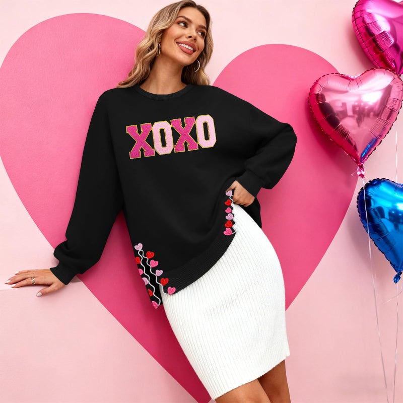 PECHAR Valentine Sweatshirts Women Love Valentines Shirts Embroidered Crewneck Long Sleeve Tops With Side Heart Applique - Image 5