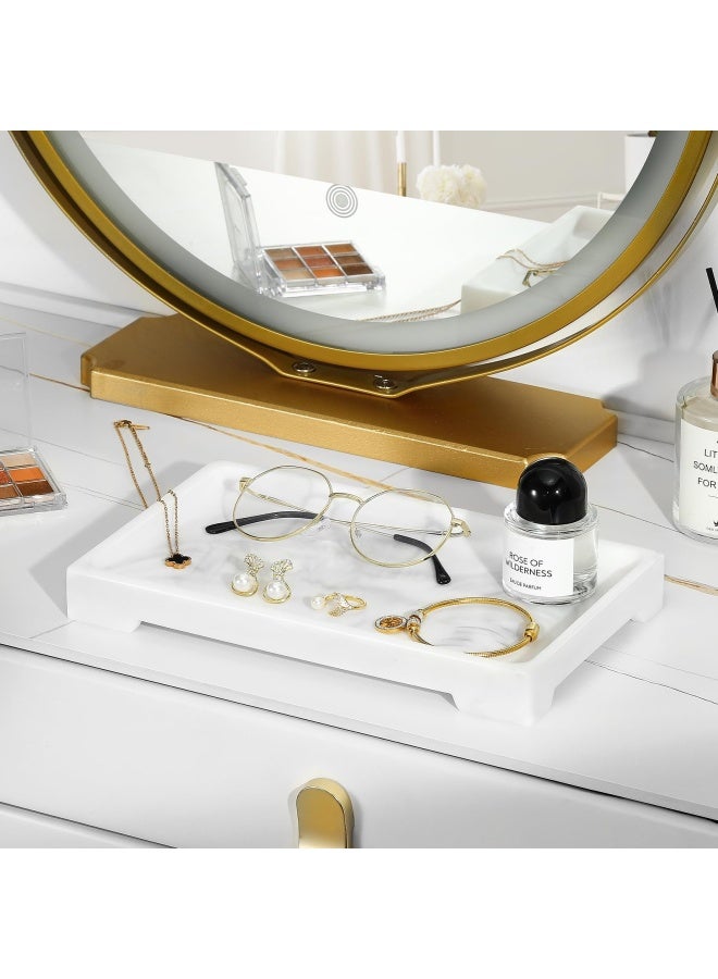 Luxspire صينية زينة تخزين خزان المرحاض صينية ريزين صينية حوض الاستحمام صينية حمام بنمط رخام صينية منظم زينة للمناديل الشموع الصابون المناشف النباتات وغيرها حجم متوسط رخام أبيض - Image 2