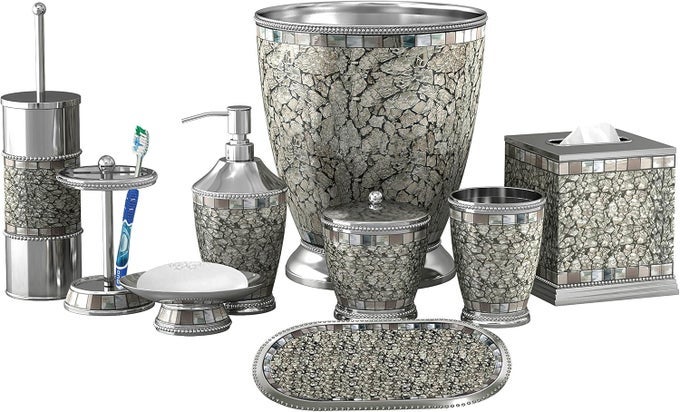 NU STEEL SET OF 9 ICEBERG BATH ACCESSORY SET IN ICE GRAY INCLUDES QTIP JAR SOAP DISH TOOTHBRUSH HOLDER TUMBLER SOAPLOTION DISPENSER WASTEBASKET TISSUE BOX AMENITY TRAY TOILET BRUSH HOLDER