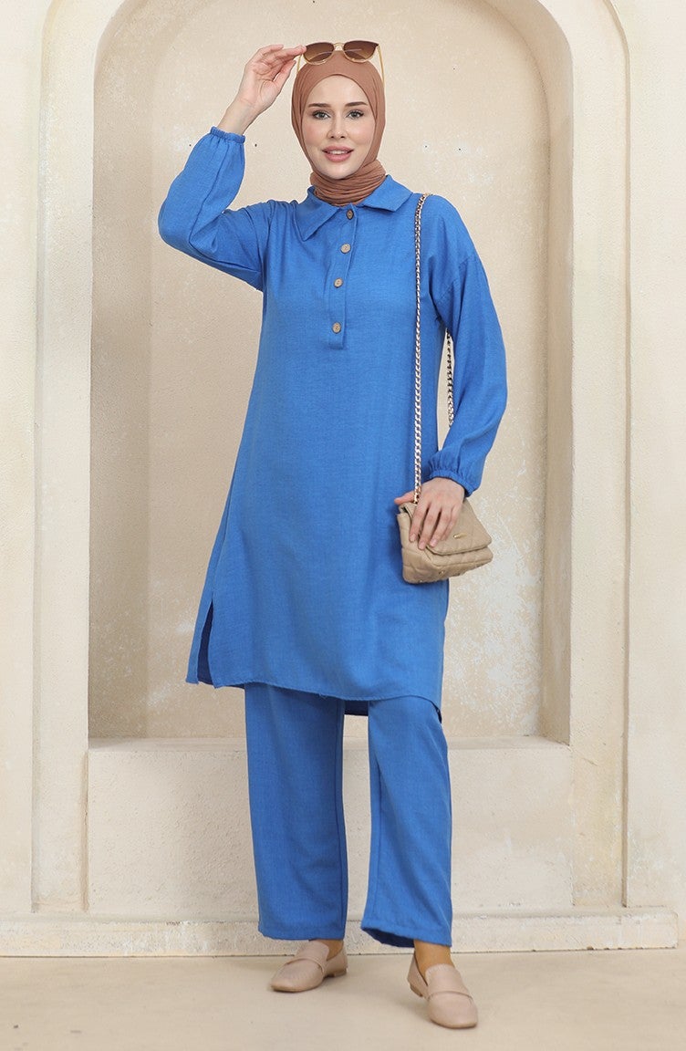 Sefa Merve Shirt Collar Tunic Trousers Two Piece Suit 1003-01 Blue - Image 1
