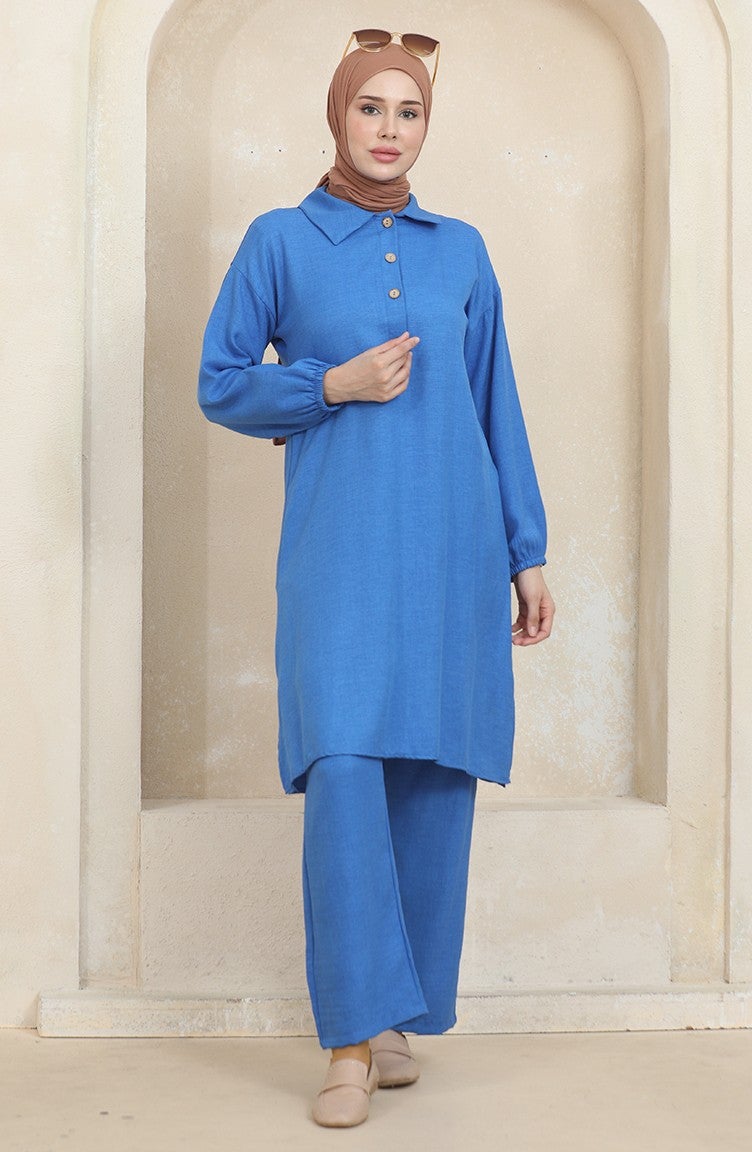 Sefa Merve Shirt Collar Tunic Trousers Two Piece Suit 1003-01 Blue - Image 3