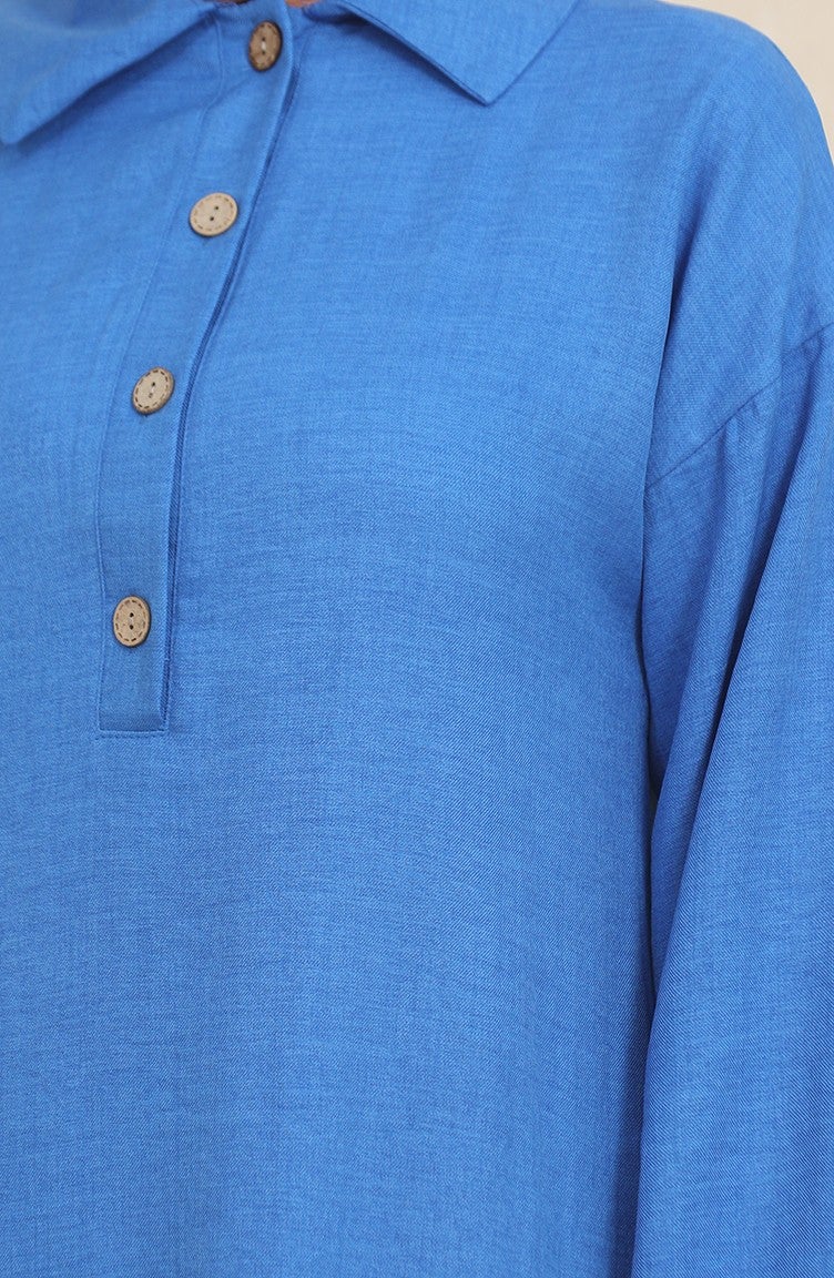 Sefa Merve Shirt Collar Tunic Trousers Two Piece Suit 1003-01 Blue - Image 5