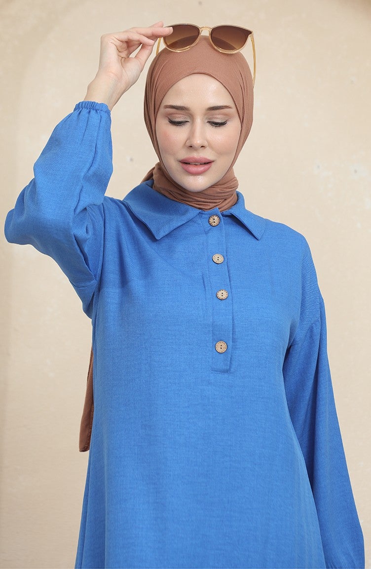 Sefa Merve Shirt Collar Tunic Trousers Two Piece Suit 1003-01 Blue - Image 4