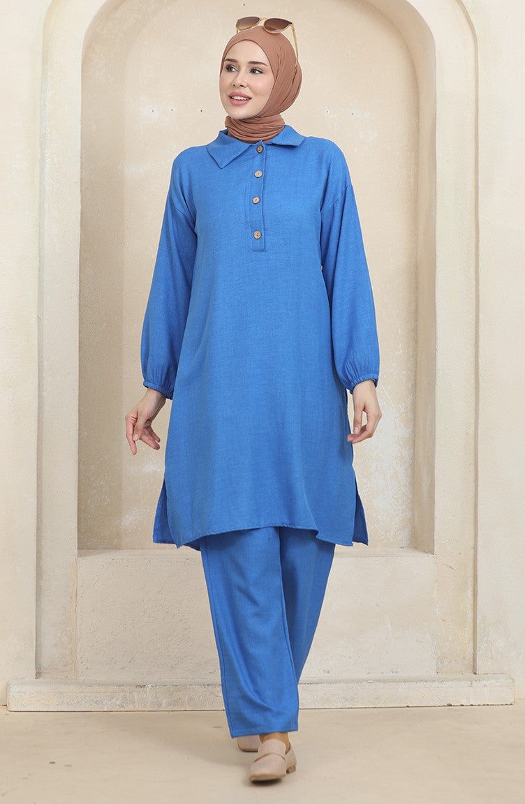 Sefa Merve Shirt Collar Tunic Trousers Two Piece Suit 1003-01 Blue - Image 2