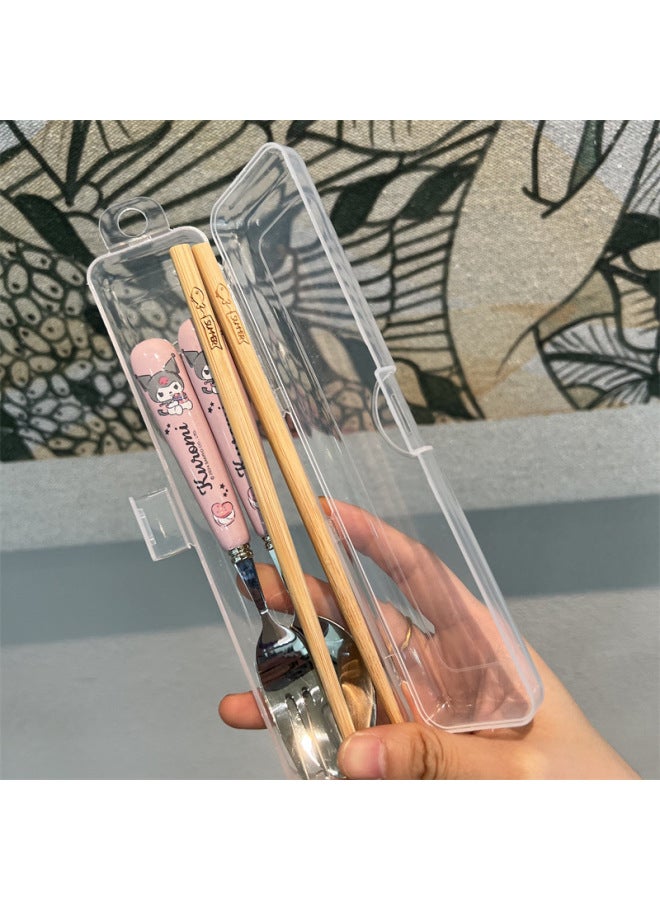 Korean Style Soup Spoon Stainless Steel High Color Value Kulomi Sanrio Ceramic Spoon Student Special Spoon Fork Suit-Specifications:Kurome Spoon, Fork And Chopsticks (folding Box)  - Image 1
