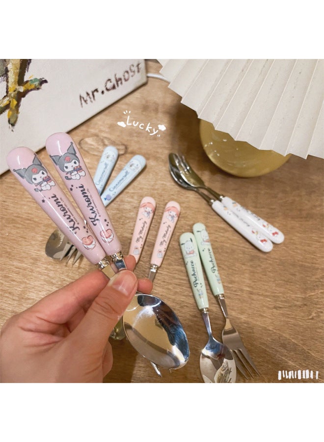 Korean Style Soup Spoon Stainless Steel High Color Value Kulomi Sanrio Ceramic Spoon Student Special Spoon Fork Suit-Specifications:Kurome Spoon, Fork And Chopsticks (folding Box)  - Image 5