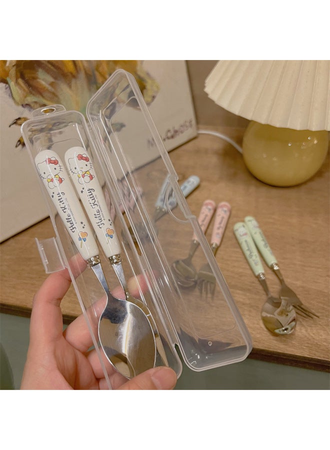 Korean Style Soup Spoon Stainless Steel High Color Value Kulomi Sanrio Ceramic Spoon Student Special Spoon Fork Suit-Specifications:Kurome Spoon, Fork And Chopsticks (folding Box)  - Image 3