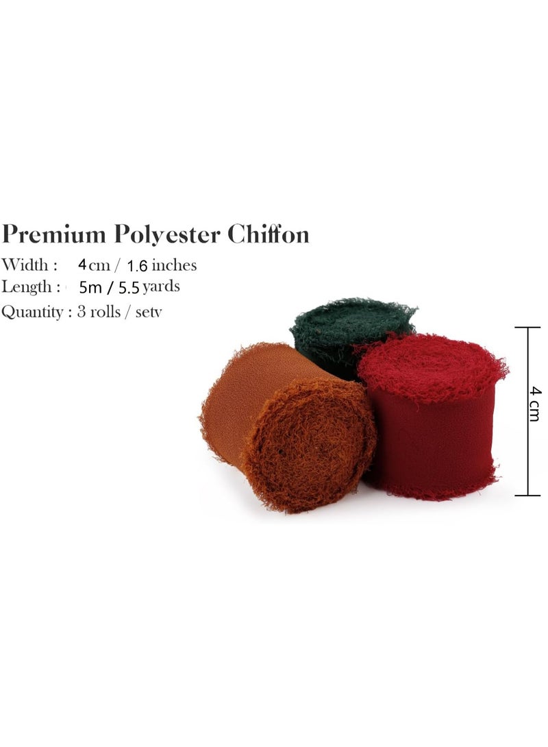 HZYH Handmade Fringe Chiffon Ribbon 3 Rolls, 4cm x 5m Brown, Dark Green, Red Ribbons for Crafting, Wedding Invitations, Bridal Bouquets, Gifts Wrapping DIY Crafts  Decor - Image 2