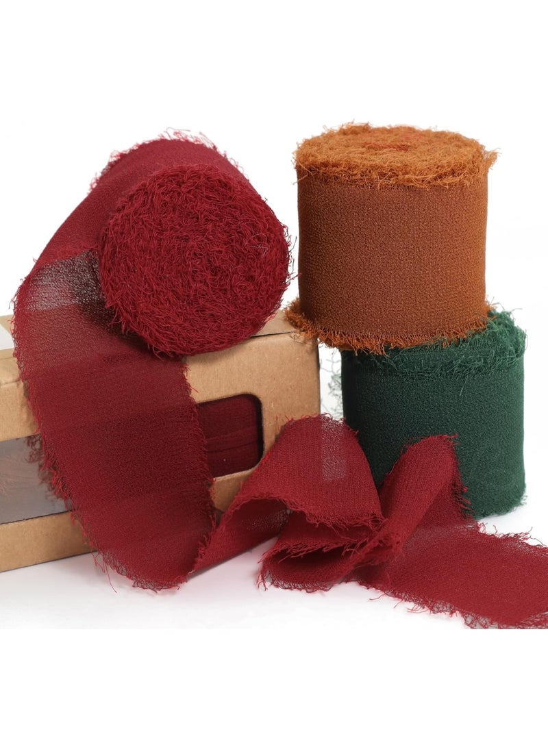 HZYH Handmade Fringe Chiffon Ribbon 3 Rolls, 4cm x 5m Brown, Dark Green, Red Ribbons for Crafting, Wedding Invitations, Bridal Bouquets, Gifts Wrapping DIY Crafts  Decor - Image 1