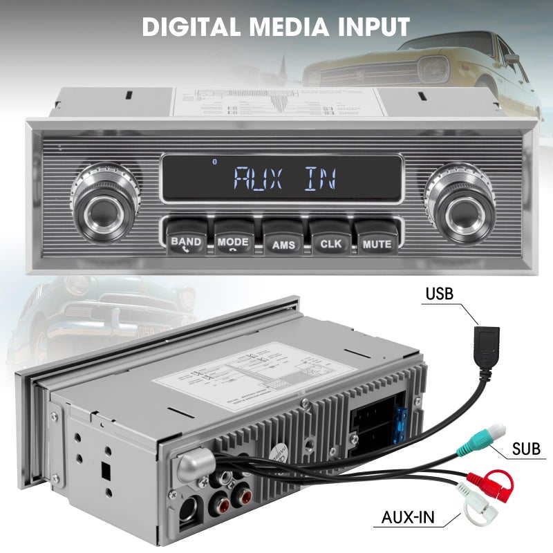 aboutBit Single Din Classic Car Stereo: Vintage Retro Style Radio for Truck - Bluetooth LCD Display AM FM Receiver USB AUX-in Pre-amp Subwoofer Output - Image 4