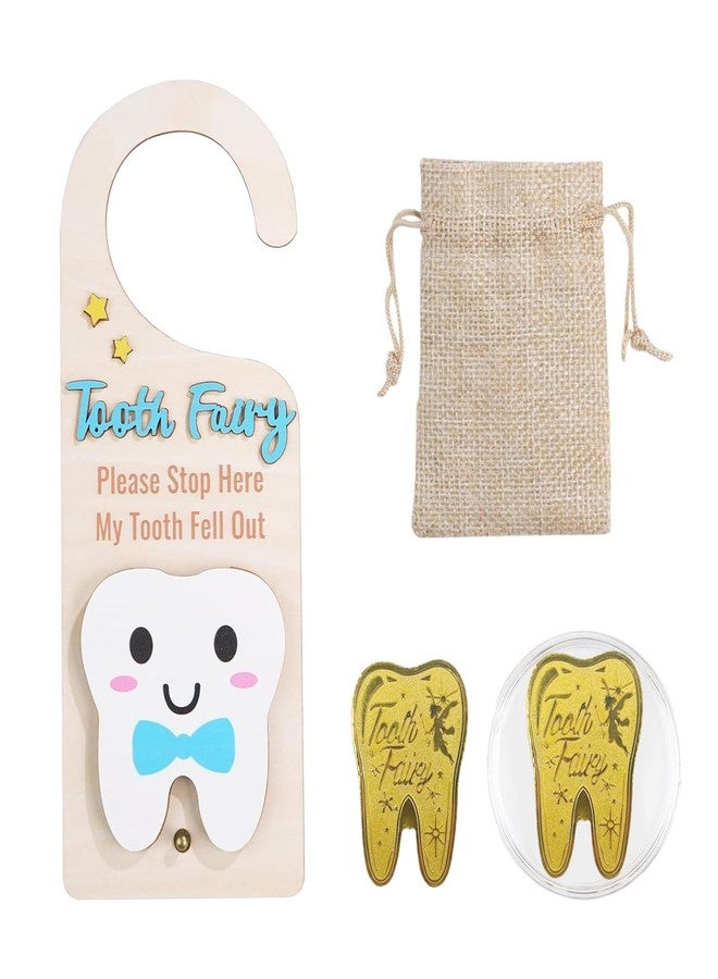 ZingFsh Tooth Fairy Tooth Holder，Tooth Fairy Door Hanger with Money Slot, Gold Coins and Cute Bags，Tooth Fairy Gifts for Girls Boys, First Milk Teeth Loss Tooth Fairy Pouch (Blue) - Image 1