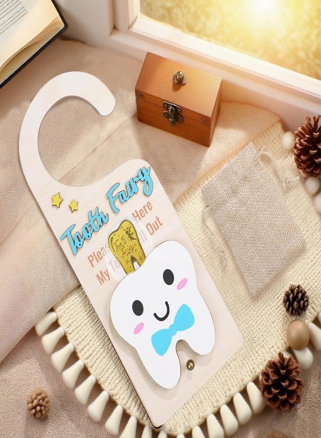ZingFsh Tooth Fairy Tooth Holder，Tooth Fairy Door Hanger with Money Slot, Gold Coins and Cute Bags，Tooth Fairy Gifts for Girls Boys, First Milk Teeth Loss Tooth Fairy Pouch (Blue) - Image 3