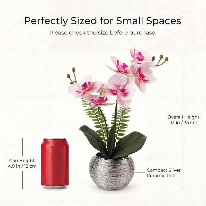 Briful Fake Orchid Fake Flowers 13'' Pink Orchids Artificial Flowers with Silver Ceramic Vase Faux Orchid for Home Office Decor Indoor - Image 2