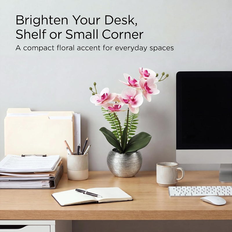 Briful Fake Orchid Fake Flowers 13'' Pink Orchids Artificial Flowers with Silver Ceramic Vase Faux Orchid for Home Office Decor Indoor - Image 5