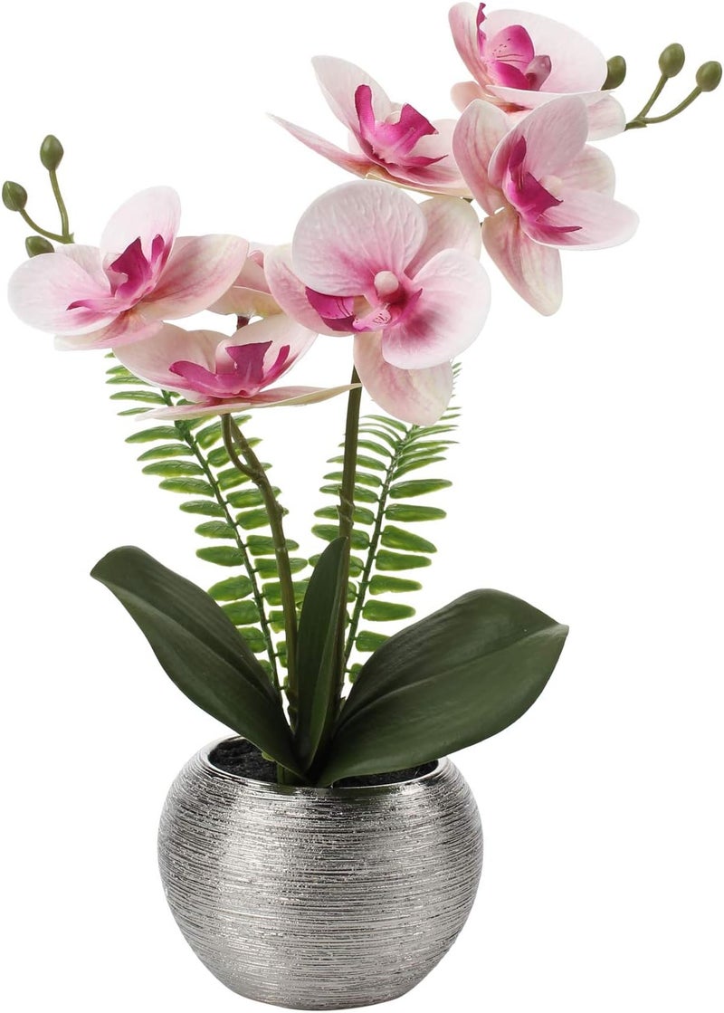 Briful Fake Orchid Fake Flowers 13'' Pink Orchids Artificial Flowers with Silver Ceramic Vase Faux Orchid for Home Office Decor Indoor - Image 1