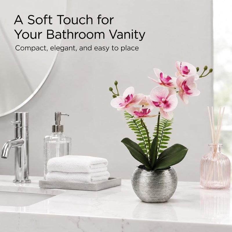 Briful Fake Orchid Fake Flowers 13'' Pink Orchids Artificial Flowers with Silver Ceramic Vase Faux Orchid for Home Office Decor Indoor - Image 4