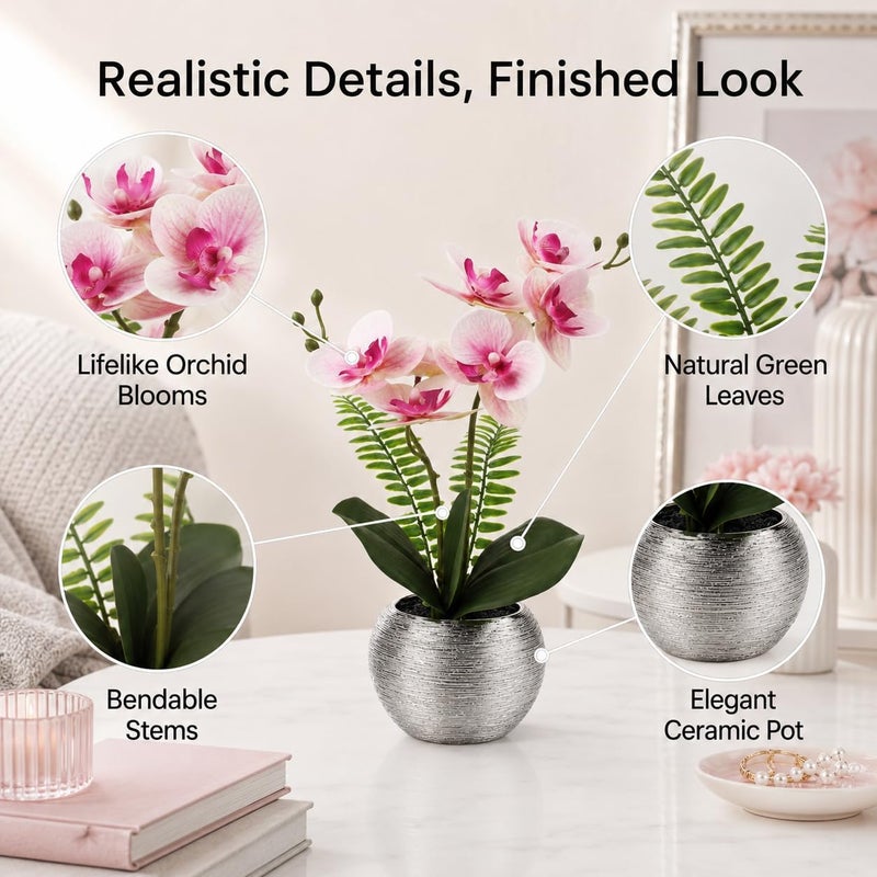 Briful Fake Orchid Fake Flowers 13'' Pink Orchids Artificial Flowers with Silver Ceramic Vase Faux Orchid for Home Office Decor Indoor - Image 3