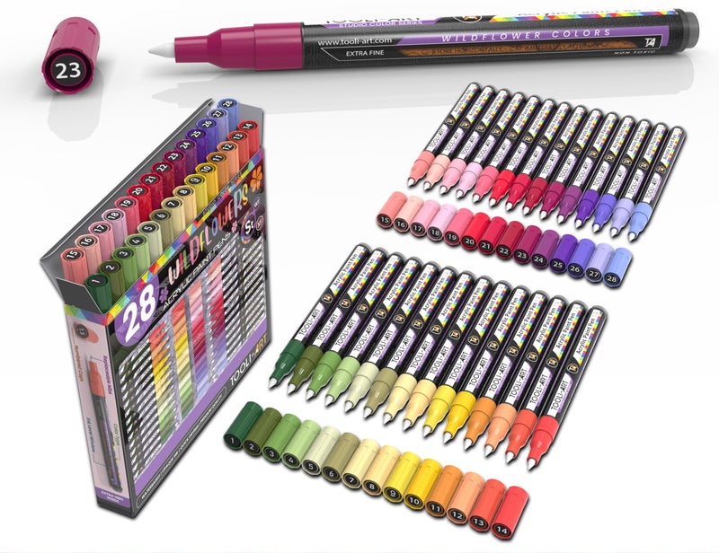 TOOLI-ART 28 Wildflower Colors Acrylic Paint Pens Studio Color Series Markers Set 07mm Extra Fine Tip Rock Painting Glass Mugs Wood Metal Canvas DIY Detailing Non Toxic Waterbased Quick Drying - Image 2
