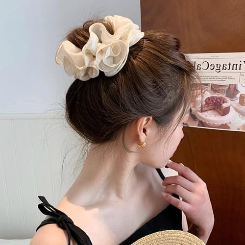 Melodio 2PCS Rose Garden Organza Flower Hair Scrunchies for Women, Soft Sheer Elastic Hair Ties, Elegant Ponytail Holders in White and Pink - Image 5