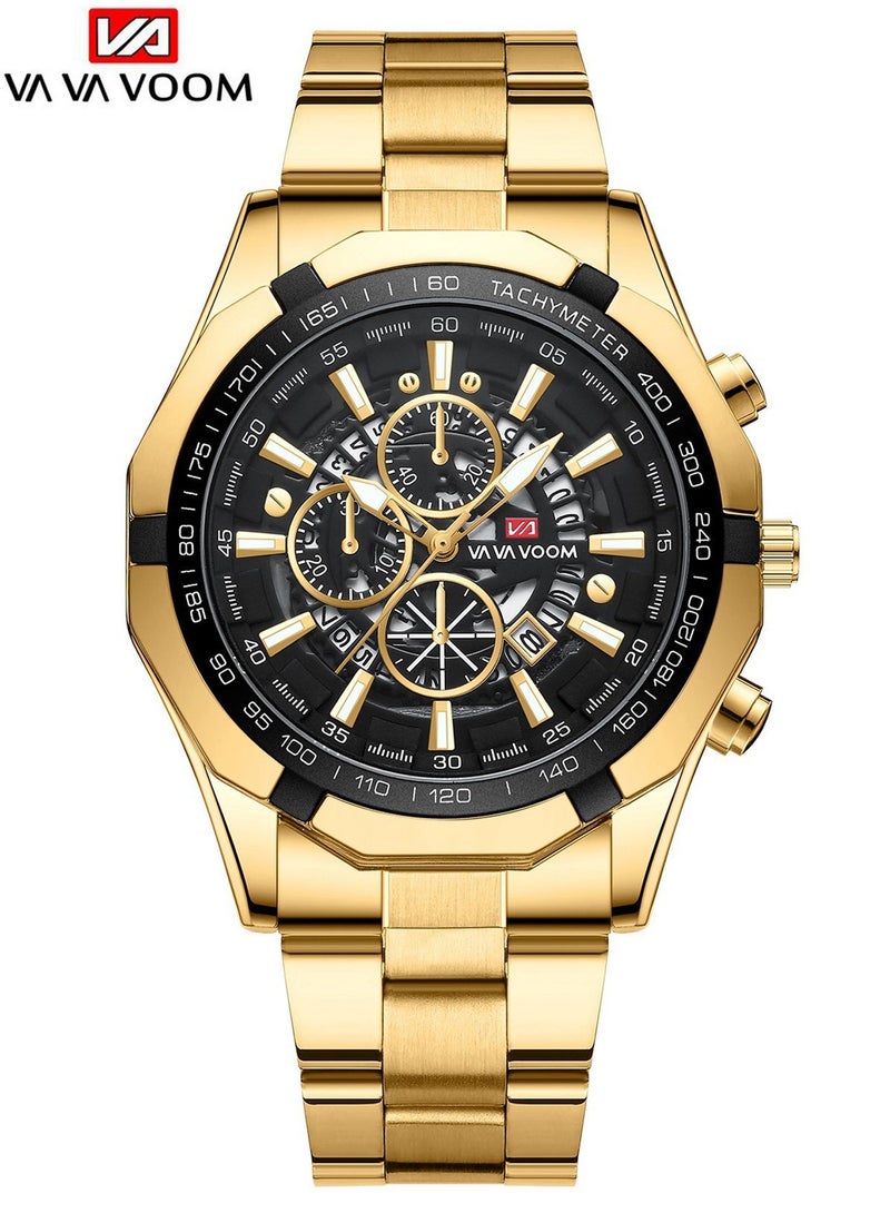 VA VA VOOM Men's Fashion Waterproof Stainless Steel Business Analog Quartz Watch - Gold - Image 1